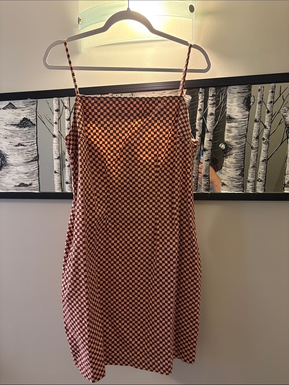 Levi’s Checkerboard Spaghetti-Strap Dress in Brown and Cream